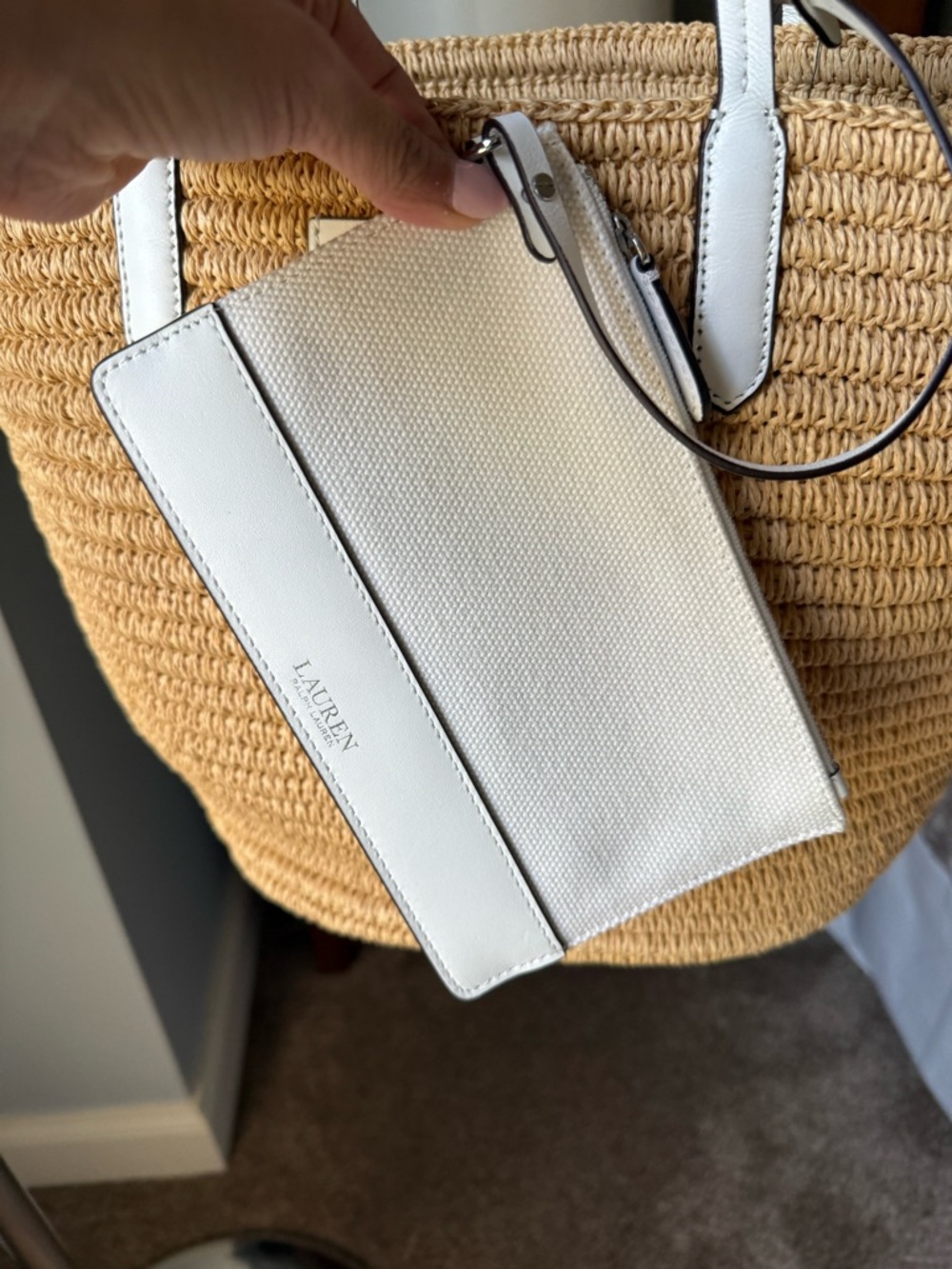 Ralph Lauren Beige Straw Tote with White Leather Trim. New with tags - Picture 2 of 4